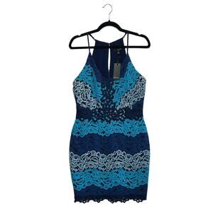 Greylin Lace Katrice Dress NWT Women's Sz L Blue Knee Length Coquette Scalloped